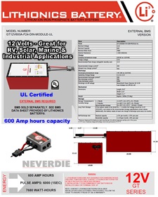 Lithium ion batteries for all makes of RVs, yachts, solar systems and more with 600 Amp hours capacity and UL approved...