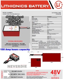 Powerful, light weight, high performance 150 Amp hour 48 Volt Lithionics lithium ion batteries for solar applications, industrial projects, electric marine propulsion systems and more...